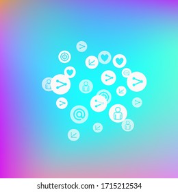 Social media marketing, Communication networking concept. Random icons social media services tags on color background. Comment, friend, like, share, target, message. Vector Internet concept.