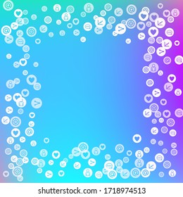 Social media marketing, Communication networking concept. Random icons social media services tags on color background. Comment, friend, like, share, target, message. Vector Internet concept.