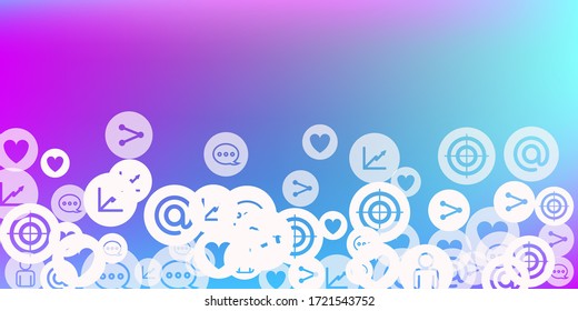 Social media marketing, Communication networking concept. Random icons social media services tags on color background. Comment, friend, like, share, target, message. Vector Internet concept.
