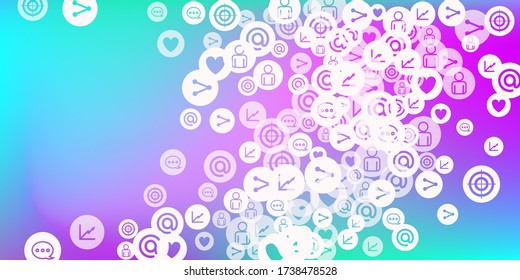 Social media marketing, Communication networking concept. Random icons social media services tags on color background. Comment, friend, like, share, target, message. Vector Internet concept.