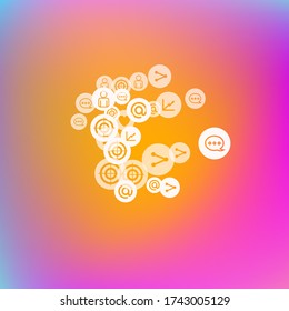 Social media marketing, Communication networking concept. Random icons social media services tags on color background. Comment, friend, like, share, target, message. Vector Internet concept.
