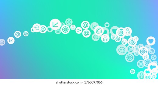 Social media marketing, Communication networking concept. Random icons social media services tags on color background. Comment, friend, like, share, target, message. Vector Internet concept.