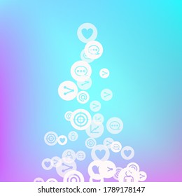 Social media marketing, Communication networking concept. Random icons social media services tags on color background. Comment, friend, like, share, target, message. Vector Internet concept.