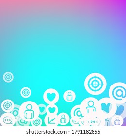 Social media marketing, Communication networking concept. Random icons social media services tags on color background. Comment, friend, like, share, target, message. Vector Internet concept.