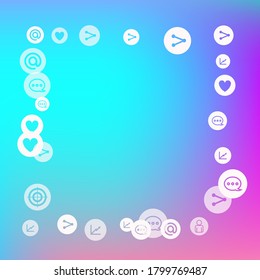 Social media marketing, Communication networking concept. Random icons social media services tags on color background. Comment, friend, like, share, target, message. Vector Internet concept.