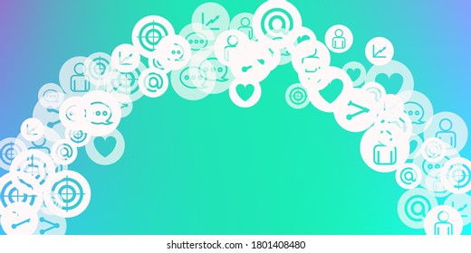Social media marketing, Communication networking concept. Random icons social media services tags on color background. Comment, friend, like, share, target, message. Vector Internet concept.