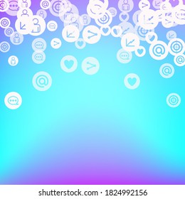 Social media marketing, Communication networking concept. Random icons social media services tags on color background. Comment, friend, like, share, target, message. Vector Internet concept.