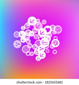 Social media marketing, Communication networking concept. Random icons social media services tags on color background. Comment, friend, like, share, target, message. Vector Internet concept.