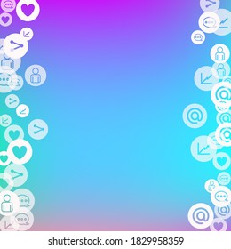 Social media marketing, Communication networking concept. Random icons social media services tags on color background. Comment, friend, like, share, target, message. Vector Internet concept.