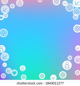 Social media marketing, Communication networking concept. Random icons social media services tags on color background. Comment, friend, like, share, target, message. Vector Internet concept.