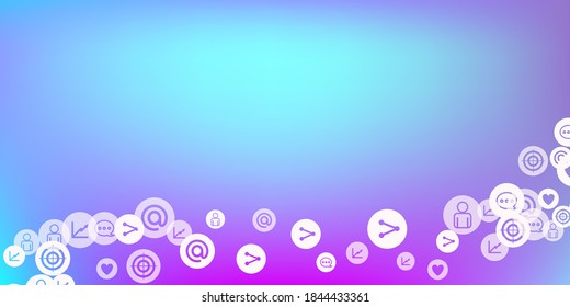Social media marketing, Communication networking concept. Random icons social media services tags on color background. Comment, friend, like, share, target, message. Vector Internet concept.