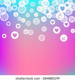 Social media marketing, Communication networking concept. Random icons social media services tags on color background. Comment, friend, like, share, target, message. Vector Internet concept.