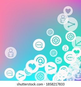 Social media marketing, Communication networking concept. Random icons social media services tags on color background. Comment, friend, like, share, target, message. Vector Internet concept.