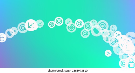 Social media marketing, Communication networking concept. Random icons social media services tags on color background. Comment, friend, like, share, target, message. Vector Internet concept.