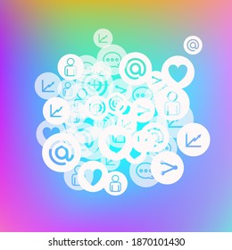 Social media marketing, Communication networking concept. Random icons social media services tags on color background. Comment, friend, like, share, target, message. Vector Internet concept.