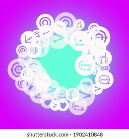 Social media marketing, Communication networking concept. Random icons social media services tags on color background. Comment, friend, like, share, target, message. Vector Internet concept.