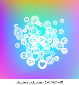 Social media marketing, Communication networking concept. Random icons social media services tags on color background. Comment, friend, like, share, target, message. Vector Internet concept.