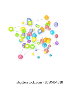 Social media marketing, Communication networking concept. Random icons social media services tags linked on white background. Comment, friend, like, share, target, message. Vector Internet concept.