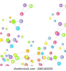Social media marketing, Communication networking concept. Random icons social media services tags linked on white background. Comment, friend, like, share, target, message. Vector Internet concept.