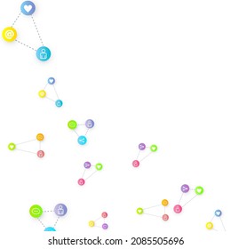 Social media marketing, Communication networking concept. Random icons social media services tags linked on white background. Comment, friend, like, share, target, message. Vector Internet concept.