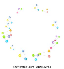 Social media marketing, Communication networking concept. Random icons social media services tags linked on white background. Comment, friend, like, share, target, message. Vector Internet concept.