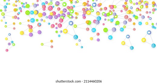 Social media marketing, Communication networking concept. Random icons social media services tags linked on white background. Comment, friend, like, share, target, message. Vector Internet concept.