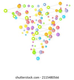 Social media marketing, Communication networking concept. Random icons social media services tags linked on white background. Comment, friend, like, share, target, message. Vector Internet concept.