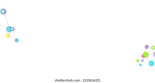 Social media marketing, Communication networking concept. Random icons social media services tags linked on white background. Comment, friend, like, share, target, message. Vector Internet concept.