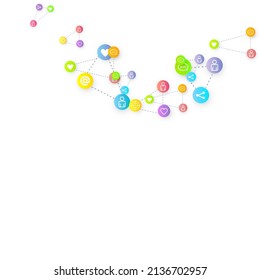 Social media marketing, Communication networking concept. Random icons social media services tags linked on white background. Comment, friend, like, share, target, message. Vector Internet concept.