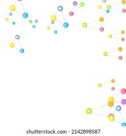 Social media marketing, Communication networking concept. Random icons social media services tags linked on white background. Comment, friend, like, share, target, message. Vector Internet concept.