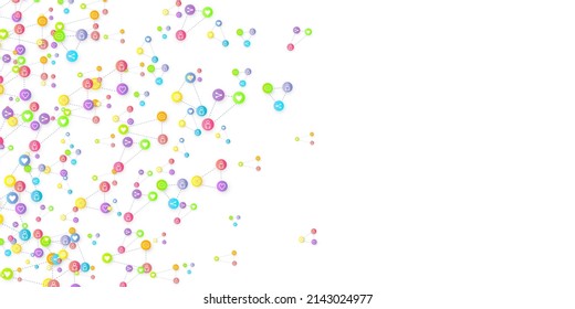 Social media marketing, Communication networking concept. Random icons social media services tags linked on white background. Comment, friend, like, share, target, message. Vector Internet concept.