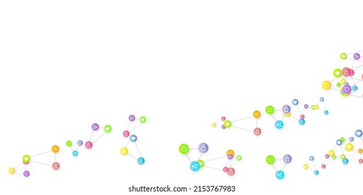 Social media marketing, Communication networking concept. Random icons social media services tags linked on white background. Comment, friend, like, share, target, message. Vector Internet concept.