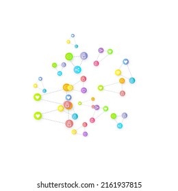 Social media marketing, Communication networking concept. Random icons social media services tags linked on white background. Comment, friend, like, share, target, message. Vector Internet concept.
