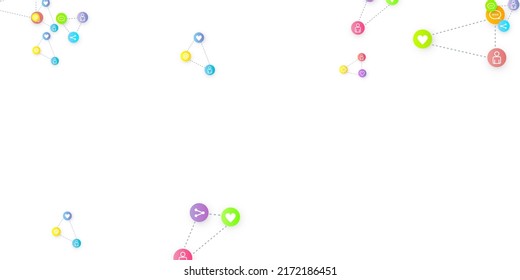 Social media marketing, Communication networking concept. Random icons social media services tags linked on white background. Comment, friend, like, share, target, message. Vector Internet concept.