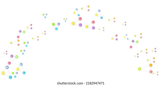 Social media marketing, Communication networking concept. Random icons social media services tags linked on white background. Comment, friend, like, share, target, message. Vector Internet concept.