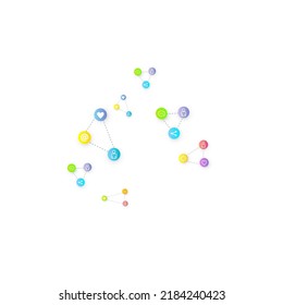 Social media marketing, Communication networking concept. Random icons social media services tags linked on white background. Comment, friend, like, share, target, message. Vector Internet concept.