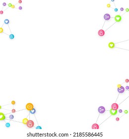 Social media marketing, Communication networking concept. Random icons social media services tags linked on white background. Comment, friend, like, share, target, message. Vector Internet concept.
