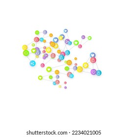 Social media marketing, Communication networking concept. Random icons social media services tags linked on white background. Comment, friend, like, share, target, message. Vector Internet concept.