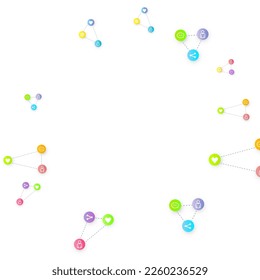 Social media marketing, Communication networking concept. Random icons social media services tags linked on white background. Comment, friend, like, share, target, message. Vector Internet concept.