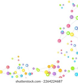 Social media marketing, Communication networking concept. Random icons social media services tags linked on white background. Comment, friend, like, share, target, message. Vector Internet concept.