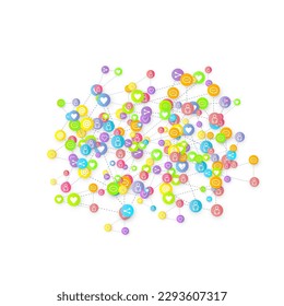 Social media marketing, Communication networking concept. Random icons social media services tags linked on white background. Comment, friend, like, share, target, message. Vector Internet concept.
