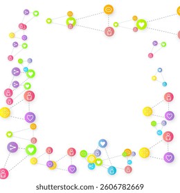 Social media marketing, Communication networking concept. Random icons social media services tags linked on white background. Comment, friend, like, share, target, message. Vector Internet concept.