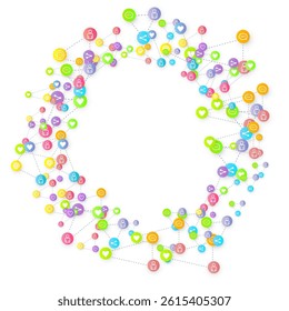 Social media marketing, Communication networking concept. Random icons social media services tags linked on white background. Comment, friend, like, share, target, message. Vector Internet concept.