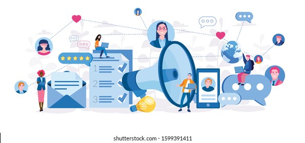 Social Media Marketing Communication, Public Relations, Vector illustration for web banner, infographics, mobile. People with Megaphone. SMM Networking, Internet Accounting Digital Technology, 