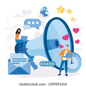 Social Media Marketing Communication, Public Relations, Vector illustration for web banner, infographics, mobile. People with Megaphone. SMM Networking, Internet Accounting Digital Technology, 