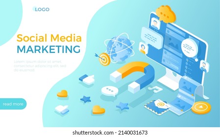Social media marketing. Marketing and communication strategy. Promotion through social networks. Magnet attracts emoticons, likes, comments. Isometric vector illustration for website.