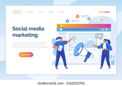 Social media marketing. Computer program with social network interface. Getting new subscribers, likes, messages. People work with advertising and promotion on Internet. Website landing page template