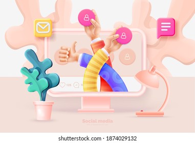 Social media marketing. Computer and smartphone with social media user interface. Communication between people using social networks. Vector illustration with computer, phone, icons, 3d style.