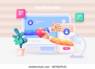 Social media marketing. Computer and smartphone with social media user interface. Communication between people using social networks. Vector illustration with computer, phone, icons, 3d style.