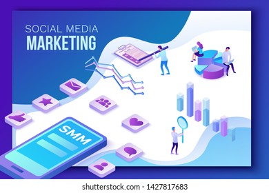 Social media marketing concept, 3d isometric infographic promotion campaign, online digital technology, business people analyze advertising report, content plan, seo optimisation vector illustration